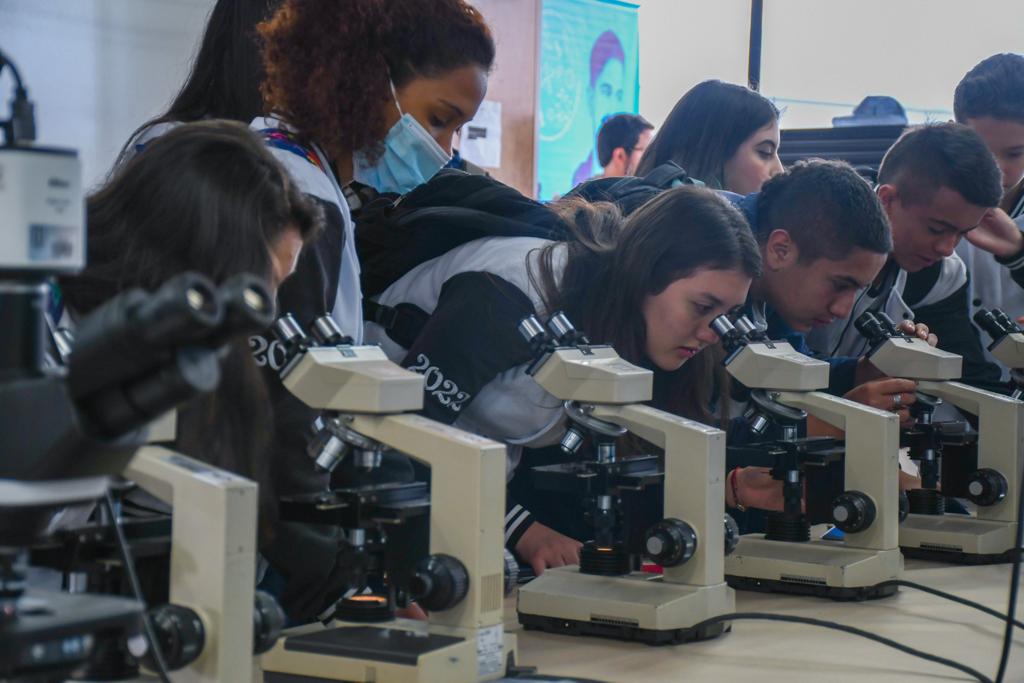 Estudiantes observan por el microscopio diferentes microorganismos en su visita a la UCM